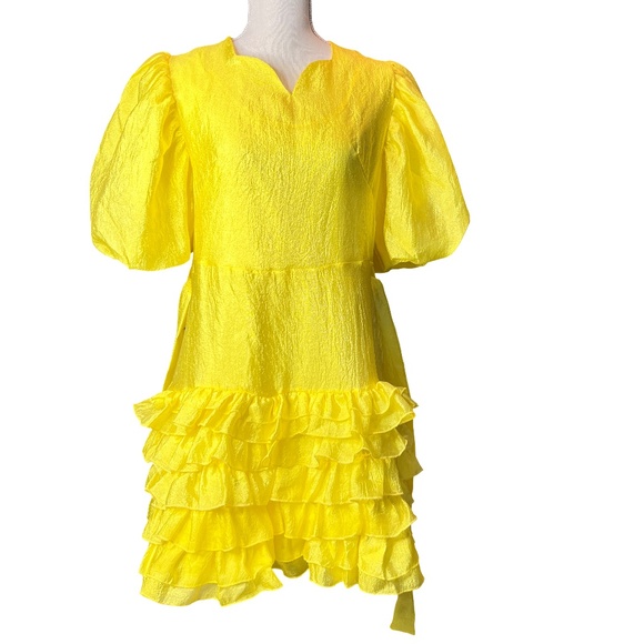 #A127 Nancy New York Yellow feminine flirty Puff Sleeve Ruffle Dress NWT  L - Picture 3 of 10